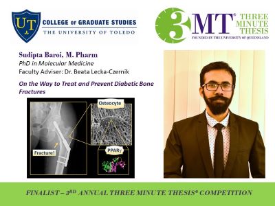 Photo of Sudipta Baroi, UToledo and 3MT logos, image of the presentation slide, bio