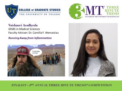 Photo of Vaishnavi Aradhyula, Utoledo and 3MT logos, bio