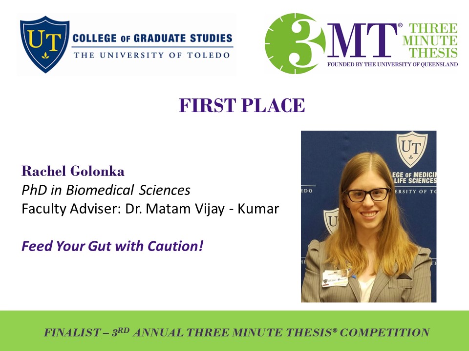 Photo of Rachel Golonka, UToledo and 3MT logos, , bio