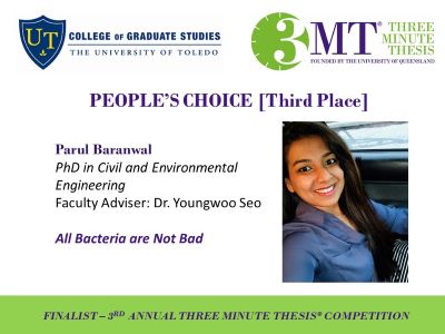 Photo of Parul Baranwal, UToledo and 3MT logos, bio