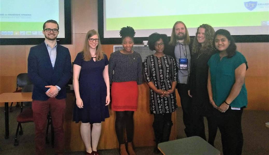 2019 Three Minute Thesis finalists and challengers lined up at MGRS panel presentation