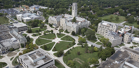 An overhead shot showing centennial mall and all surrounding building on UToledo main campus