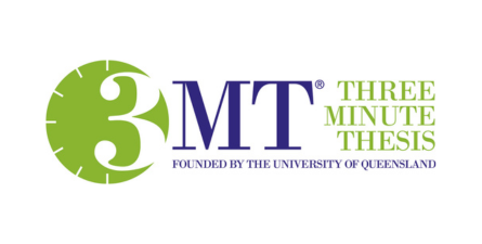 Three Minute Thesis™ logo in purple, green, and white