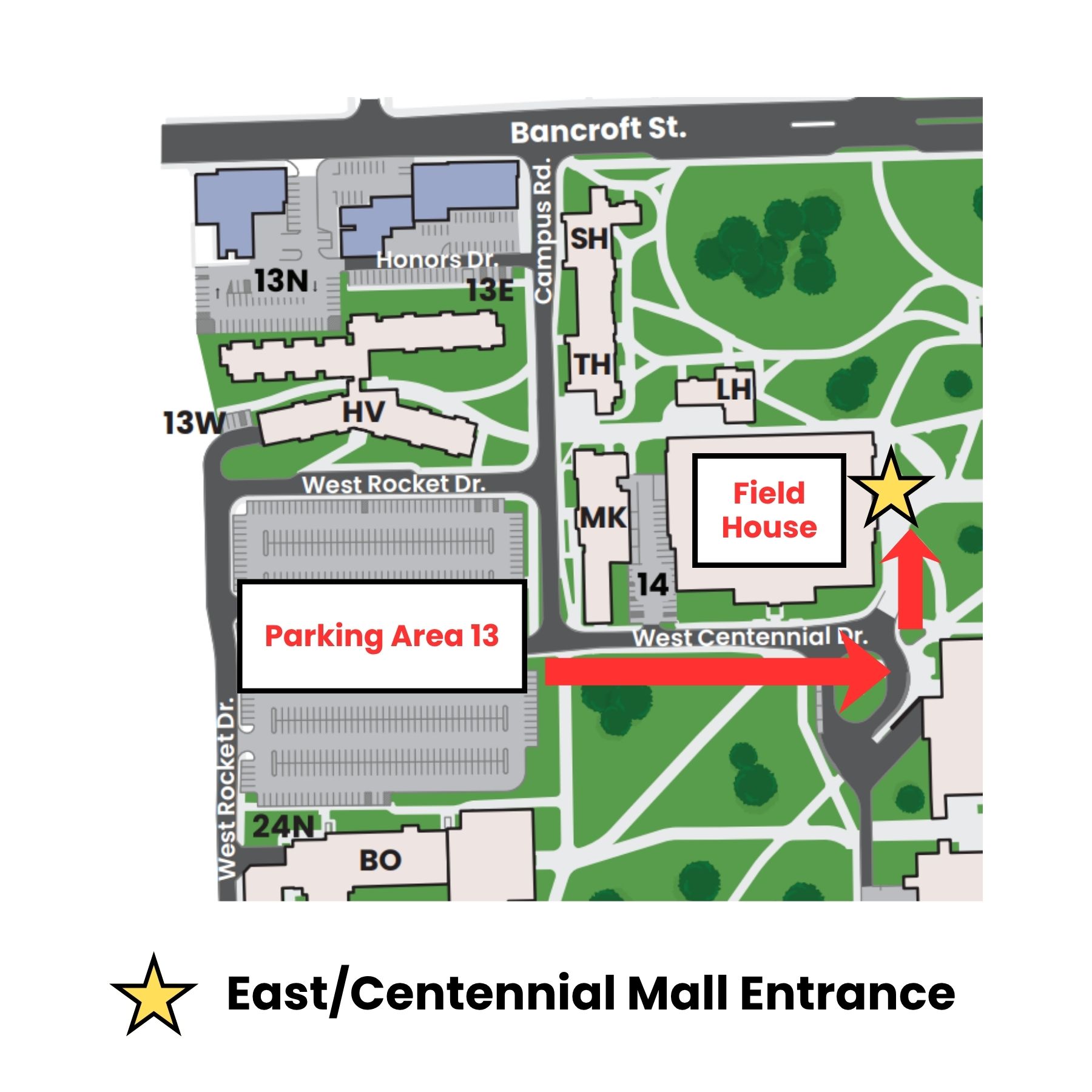 Map directing from Parking Area 13 to the East/Centennial Mall Entrance of Memorial Field House