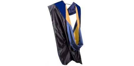 Dark blue doctoral hood with blue lining and gold chevron