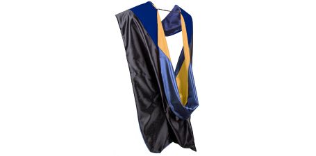Master's hood with dark blue velvet, dark blue lining, and gold chevron