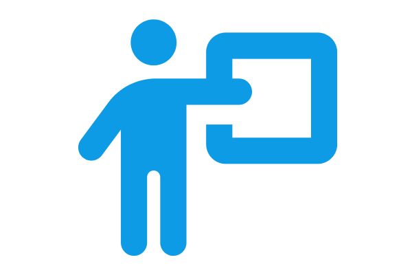 Light blue flat icon of person presenting with a board