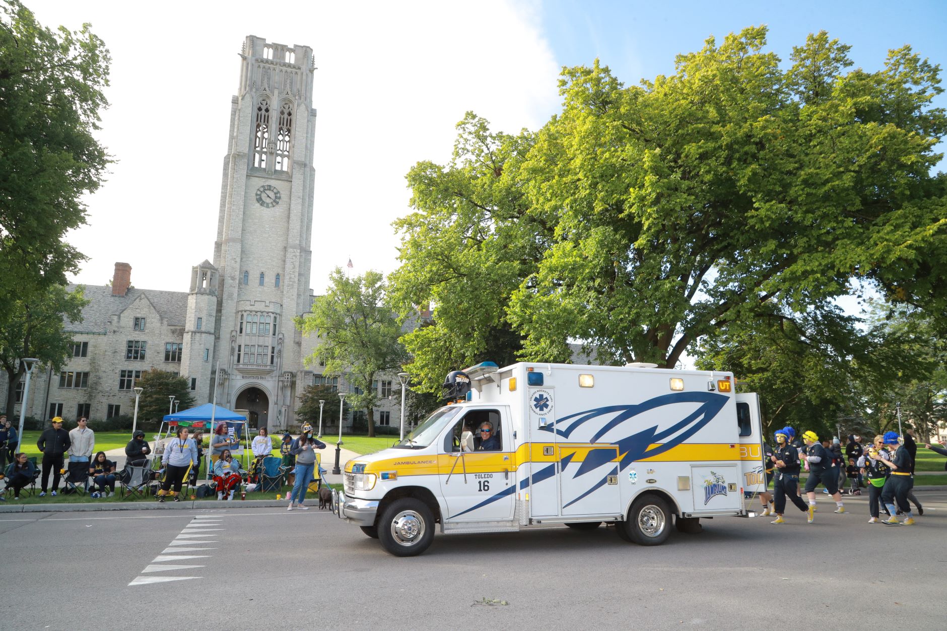 Homecoming parade with Blue Crew and the Jambulance