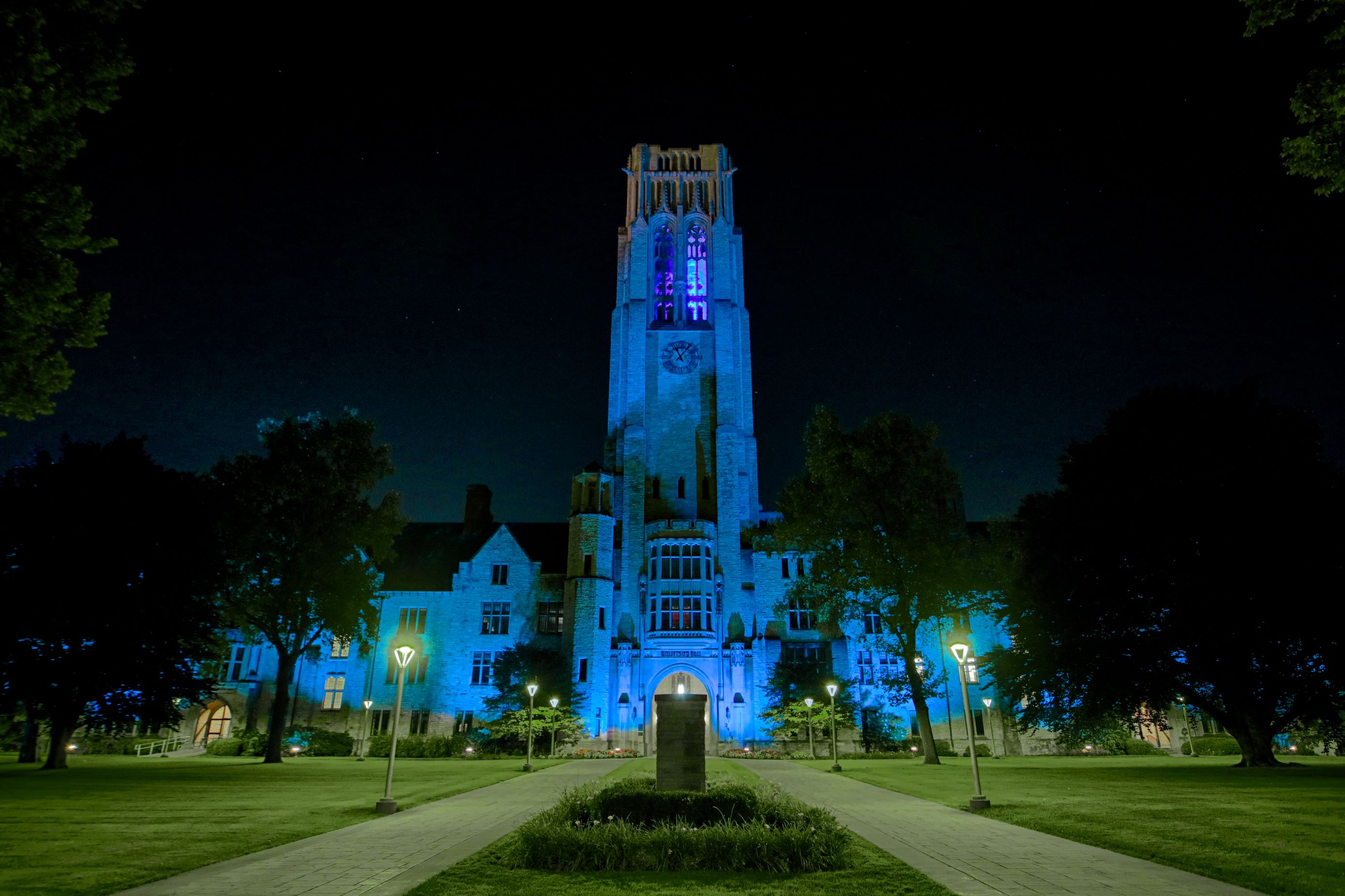 UToledo Bell Tower lit up blue