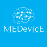 Image outlilne of a human brain with company name -MEDevicE