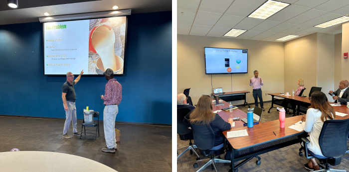 Tech419 Pitch Prep Program Examples Photo collage with image on the left showcasing two men standing in front of a projector displaying a business pitch deck. Image on the right is a person presenting to a room of mock judges during a Tech419 practice pitch day.