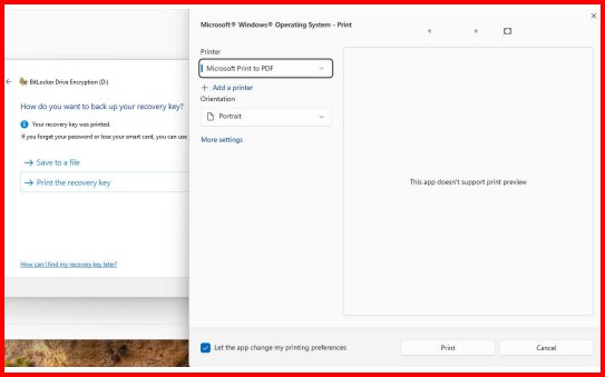 Print recovery key