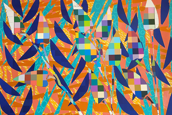 A mixed media work called Blue Leaves by Barbara Miner, professor and chair of the Department of Art at The University of Toledo.