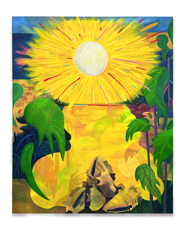 An abstract painting depicting the Sun and vibrant landscap using a wide varitiy of colors and shapes