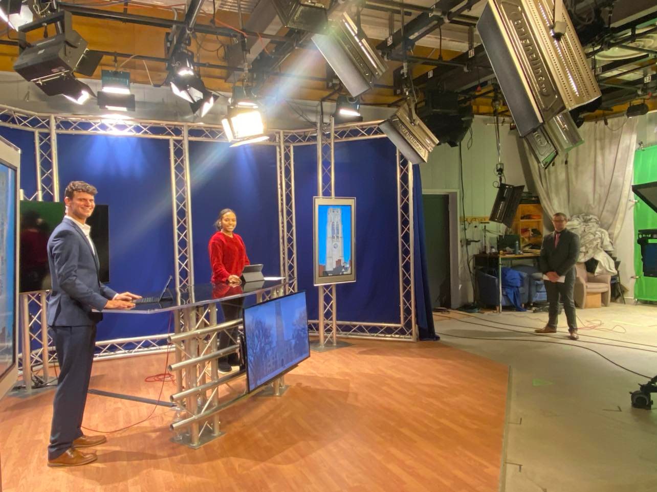 students in the television studio as part of class