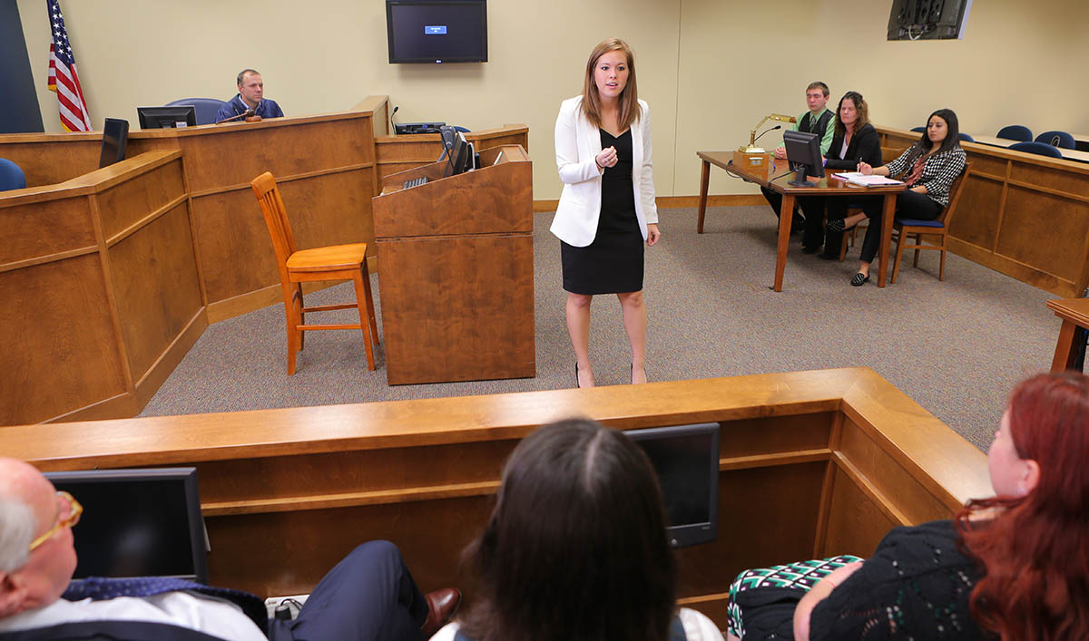student in mock trial room