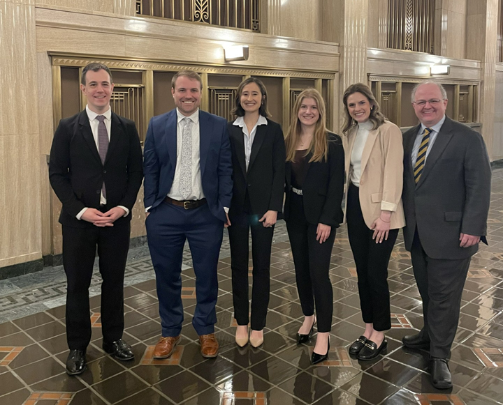 Left to right: Eric Konopka, attorney at Latham & Watkins with tax clinic Program Coordinator Lucas Keller, student attorneys Sara DeHaven, Bella Agrusa, and Madison Smith, and Clinic Director Chris Bourell Left to right: Eric Konopka, attorney at Latham & Watkins with tax clinic Program Coordinator Lucas Keller, student attorneys Sara DeHaven, Bella Agrusa, and Madison Smith, and Clinic Director Chris Bourell