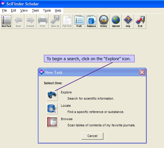 To begin a search, click the 'Explore' icon.