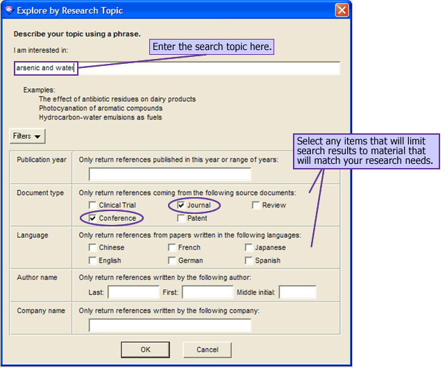Enter a search topic in the 'I am interested in' textbox.  Select any items in the filter categories that will limit search results to material that will match your needs.
