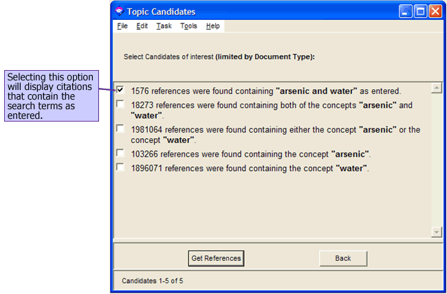 Selecting the first option on the Topic Candidates screen will display the citations that contain the search terms as entered.