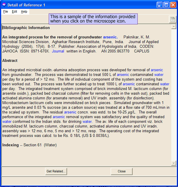 This is a sample of the information provded when you click on the microscope icon.