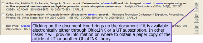 Clicking on the document icon brings up the document if it is available electronically either through OhioLINK or a UT subscription.  In other cases it will provide information on where to obtain a paper copy of the article at UT or another OhioLINK library.