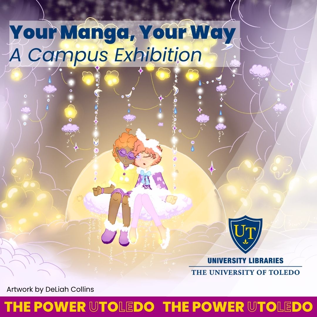 Your Manga Your Way: A Campus Exhibition in foreground with 2 characters sleepily sitting on a cloud surrounded by moon clouds and stars in the background