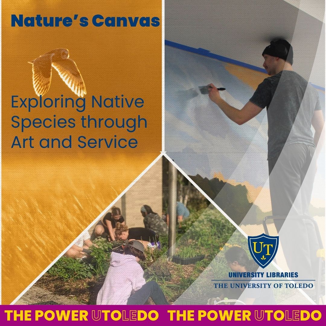 three images of owl, mural painting, and planting with Nature's Canvas title in foreground