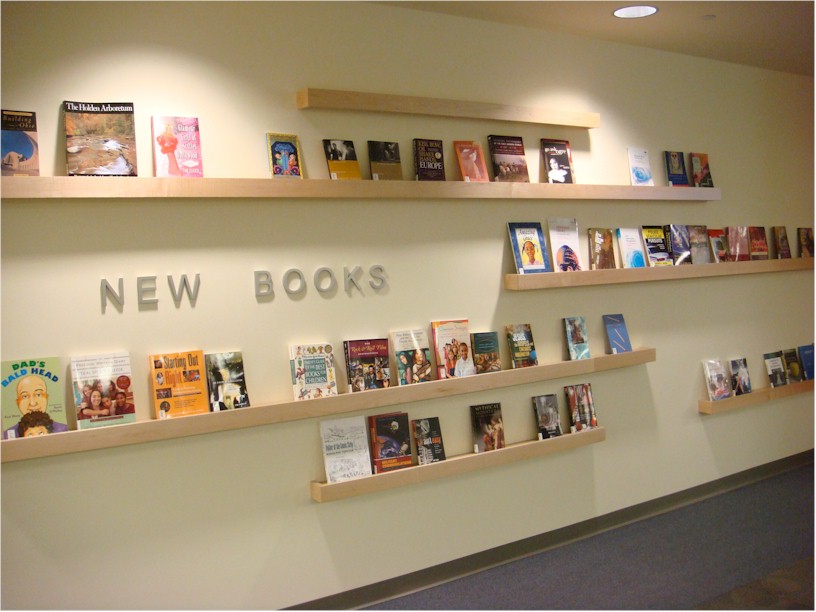 Shelves displaying new book purchases