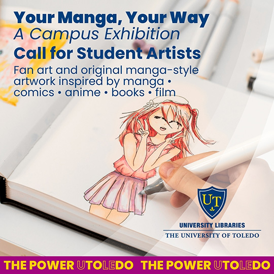 your manga your way call for student artis with background of manga-style drawing