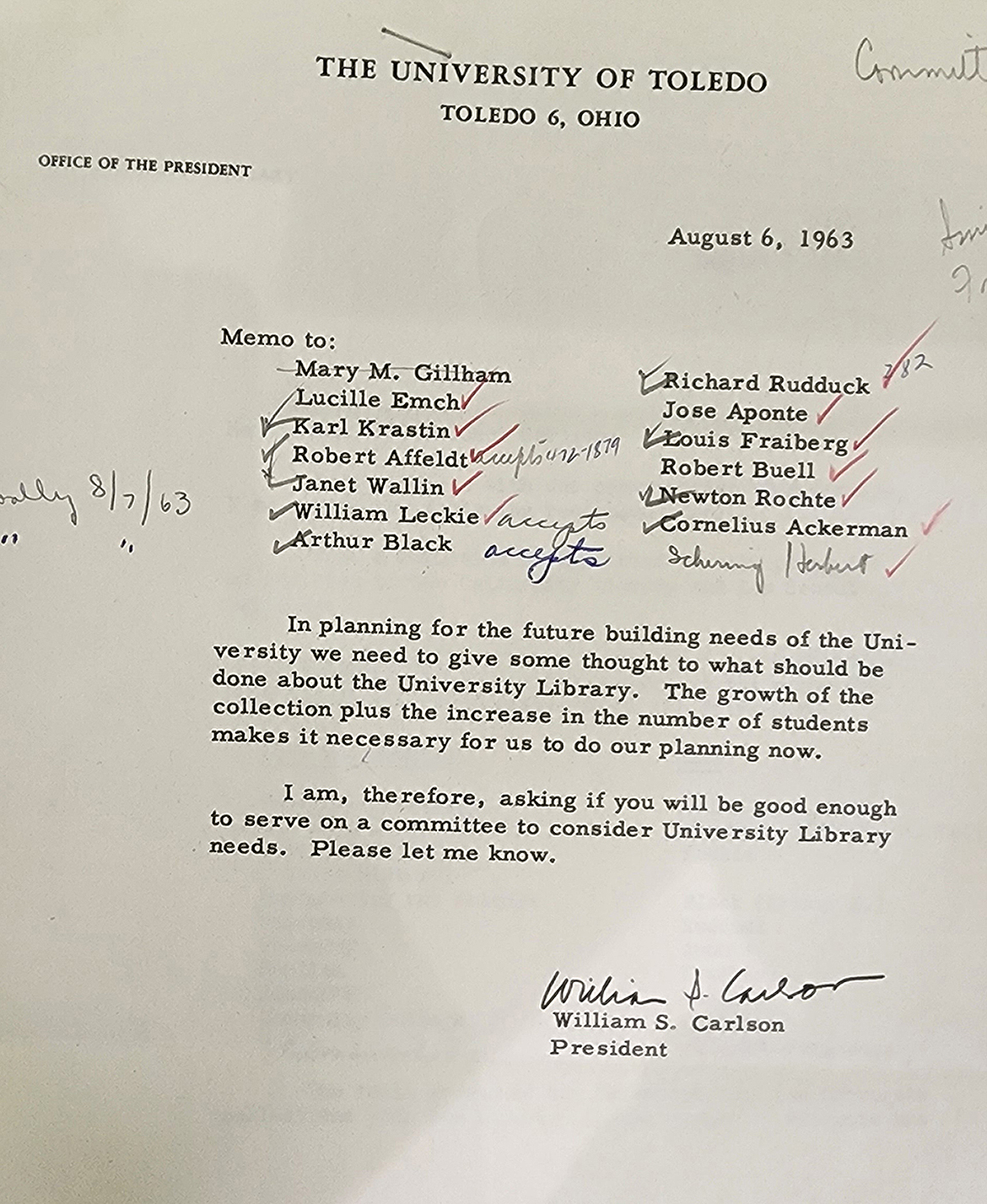 Memo to discuss University Library needs, August 6, 1963 Memo to discuss University Library needs, August 6, 1963