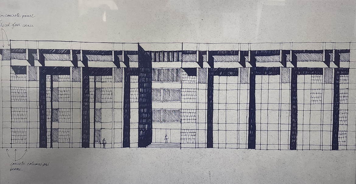 Concrete panels, mitered glass, and concrete columns