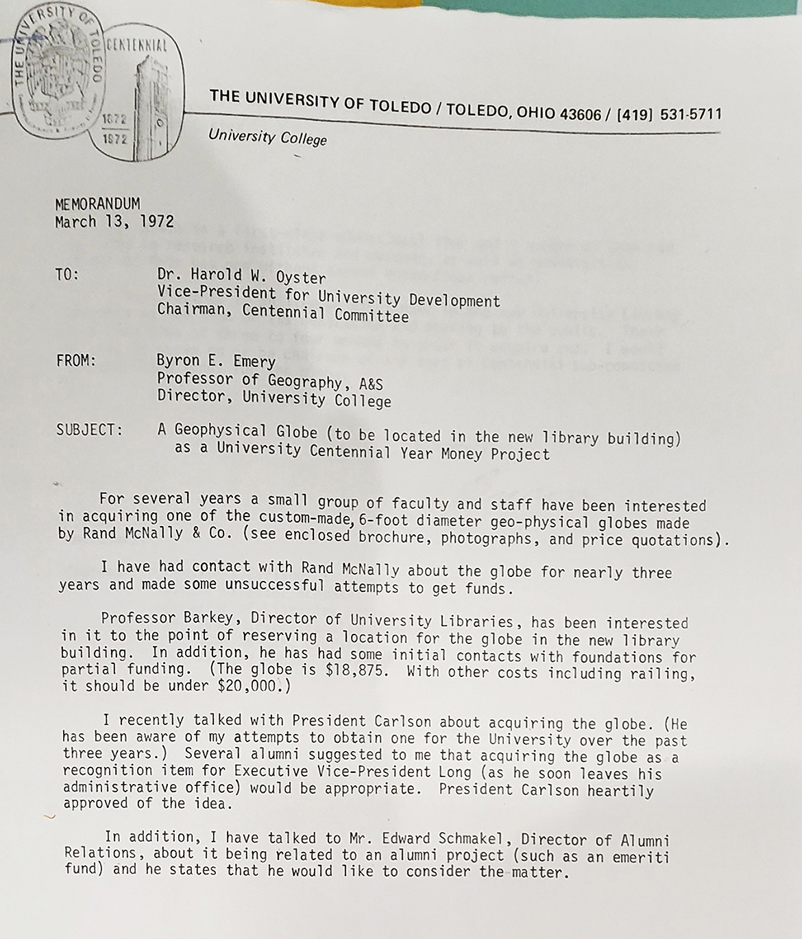 A memo regarding the placement of the Geophysical Globe in Carlson Library