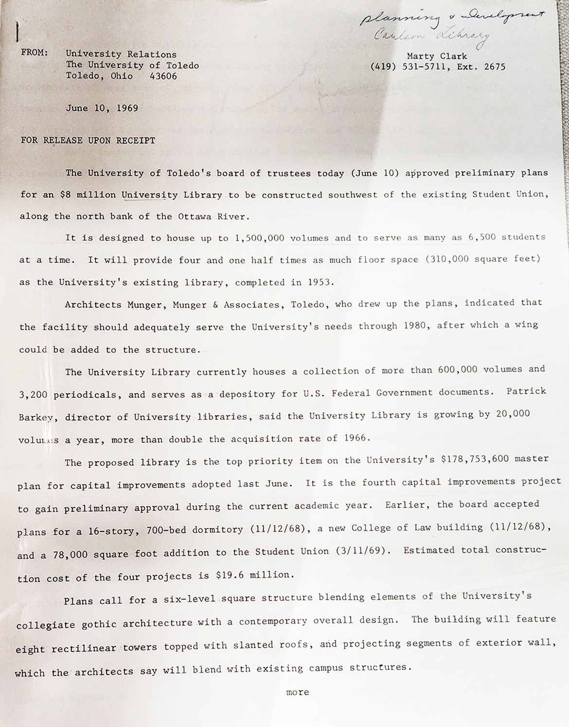 Press release about the approval of funds for new library consturction, June 10, 1969) Press release about the approval of funds for new library consturction, June 10, 1969