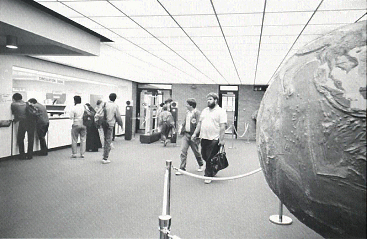The geophysical globe near the Circulation Desk The geophysical globe near the Circulation Desk