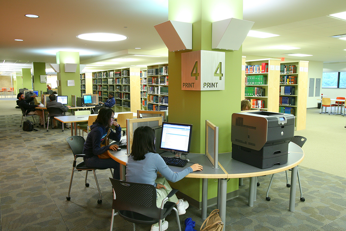 Workstations and printers on the first floor