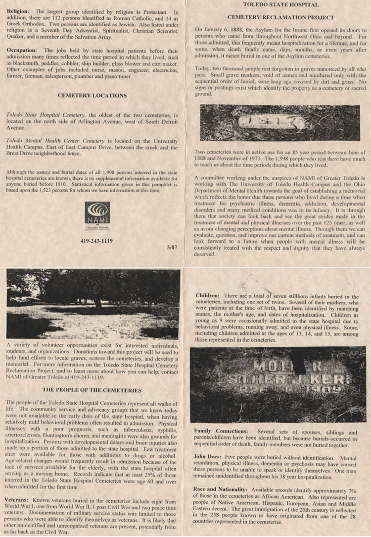 Pamphlet of the Toledo State Hospital Cemetery Reclamation Project