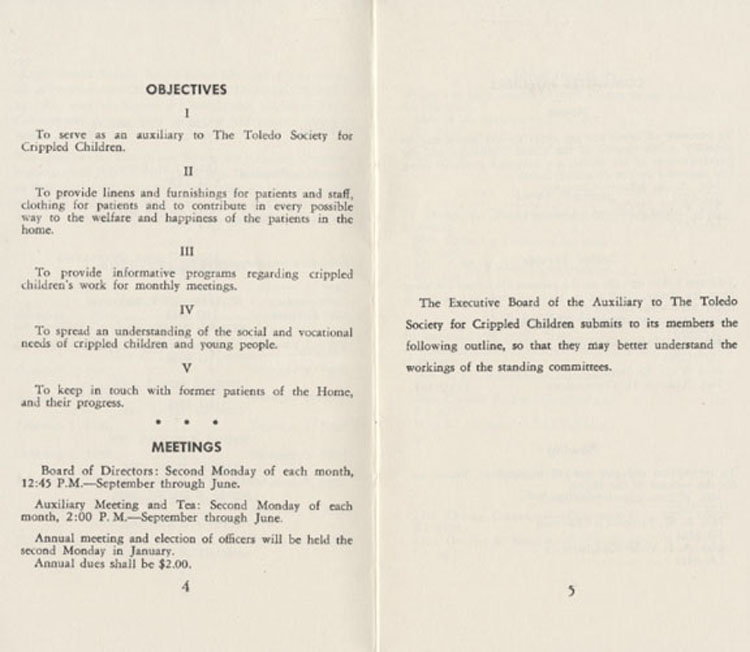 Program objectives at the Toledo Society for Crippled Children, 1955-56.