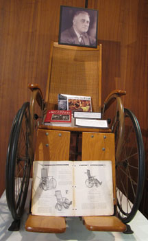 Gendron wheelchair, catalog, and books on FDR by Hugh Gallgher