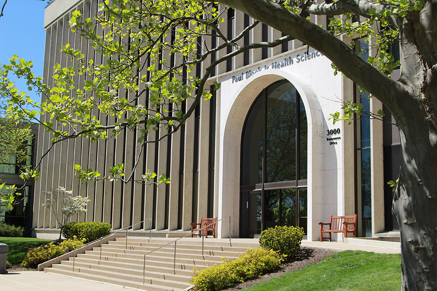 Exterior photo of the Block Health Science Building.