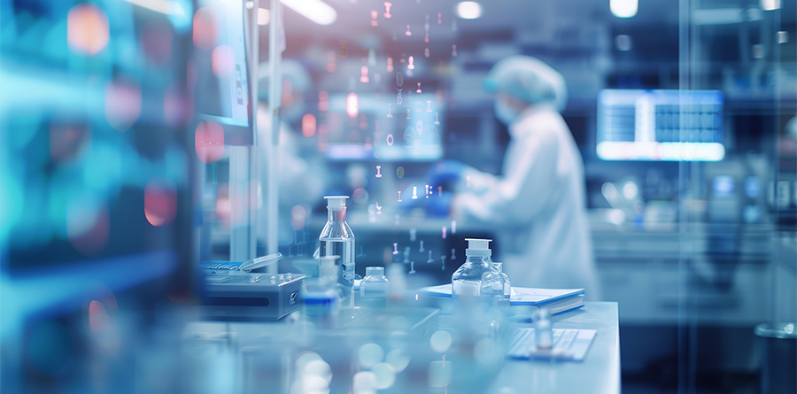 Stock photo of professional health care researchers working in life of medical science laboratory, technology of medicine chemistry, experiment for hospital