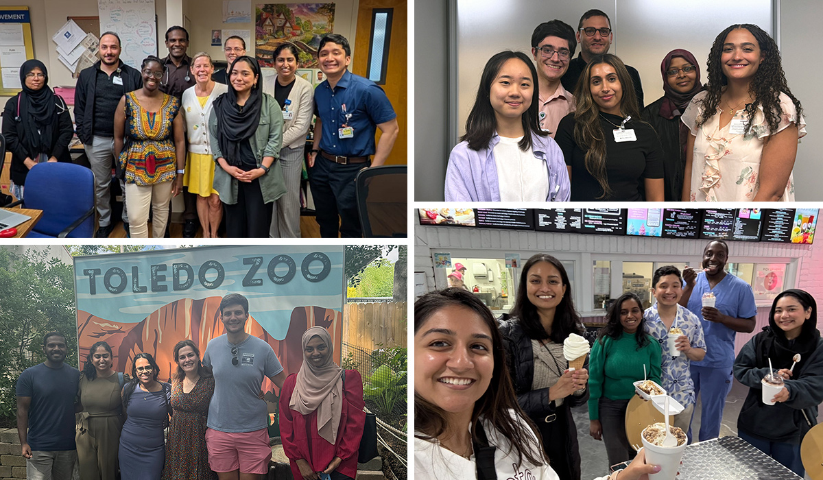 Collage of medical residents during social and team-building activities, including group photos, a visit to the Toledo Zoo and an outing for ice cream.