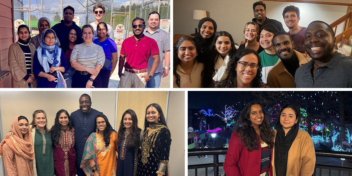 Collage of medical residents posing together during social gatherings and cultural celebrations in indoor and outdoor settings.