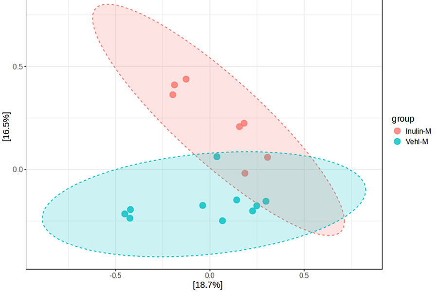Scatter plot of beta diversity showing separation between sample groups, with clustered points and ellipses indicating distinct microbial community composition.