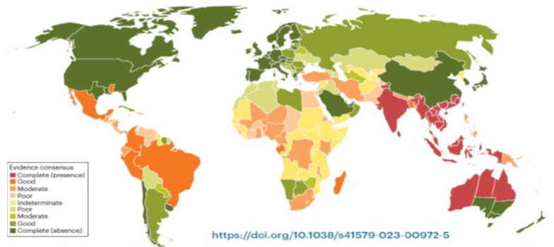 World map showing evidence for the presence or absence of Burkholderia pseudomallei by country, with stronger evidence of presence across Southeast Asia, Australia and parts of Central and South America.