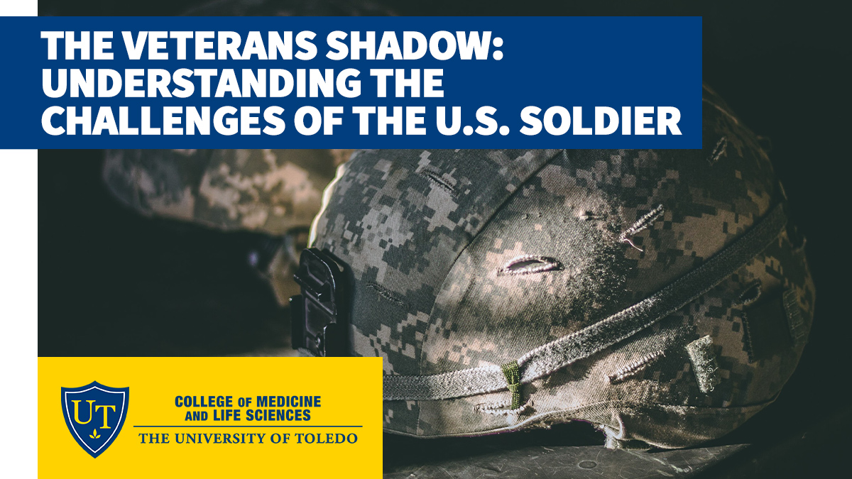Photo of military helmet and title of lecture: "The Veterans Shadow: Understanding the challenges of the U.S. Soldier."