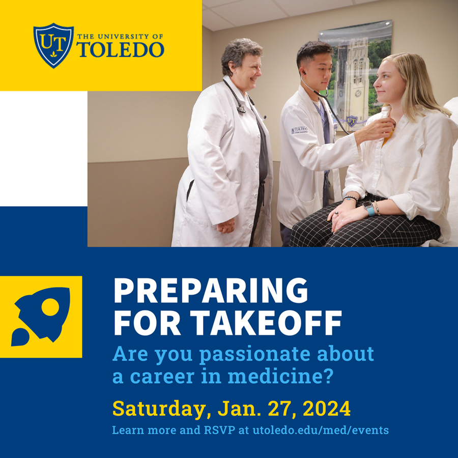 Artwork for Preparing for Takeoff: Are you passionate about a career in medicine? Saturday, Jan. 27, 2024. Featuring a photo of a student in a clinical setting with a patient and faculty member.