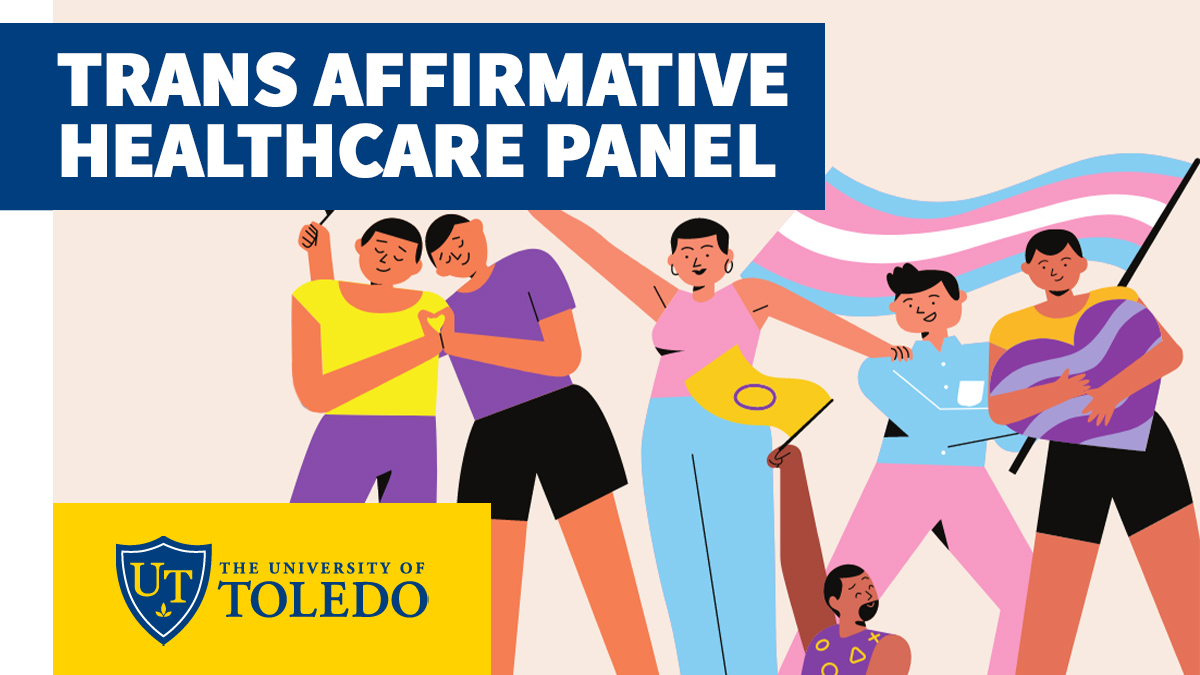 Trans Affirmative Healthcare Panel artwork featuring illustration of diverse people celebrating love and waving a variety of pride flags.