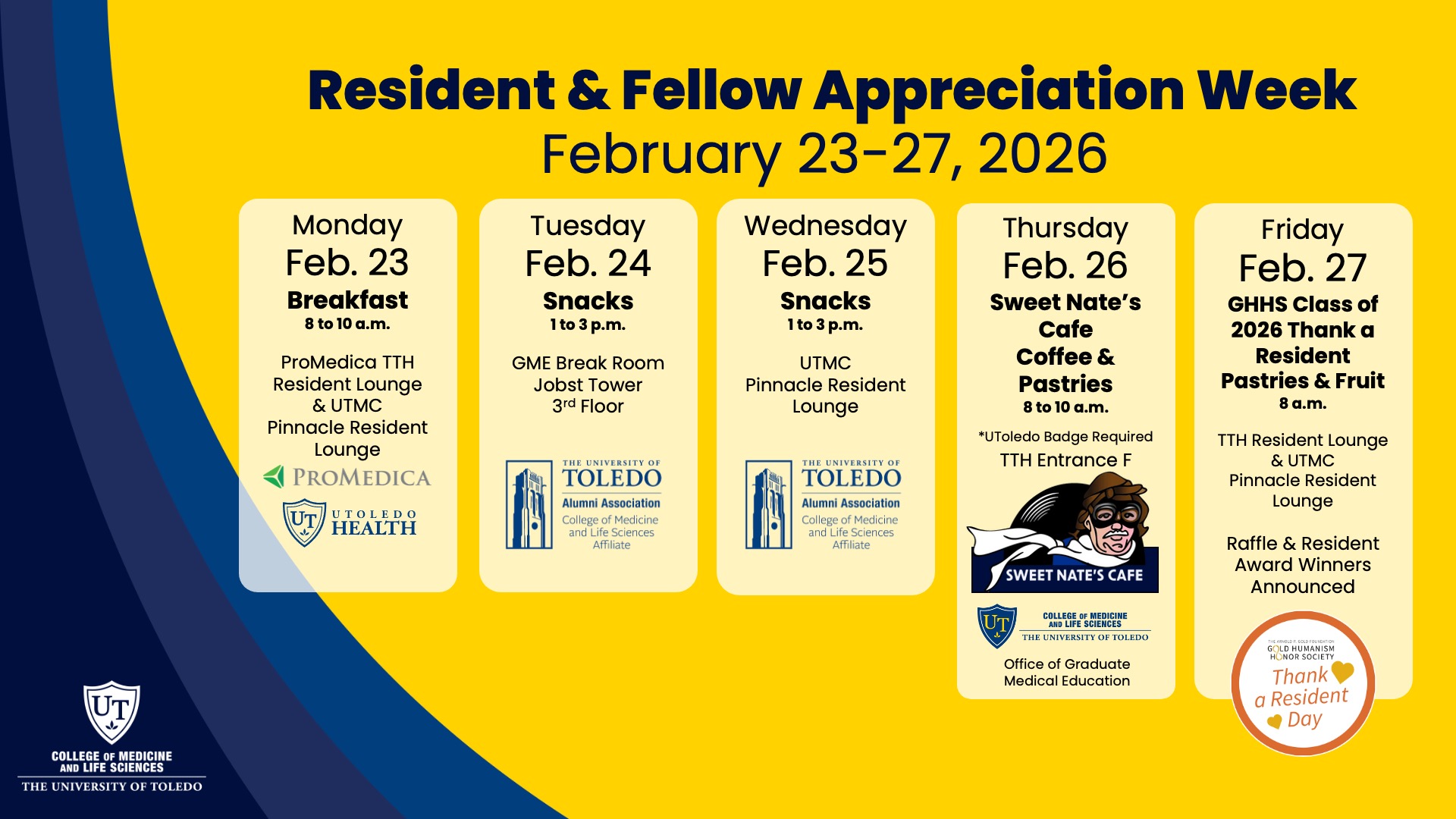 Appreciation week schedule, showing breakfast and snacks throughout the week.