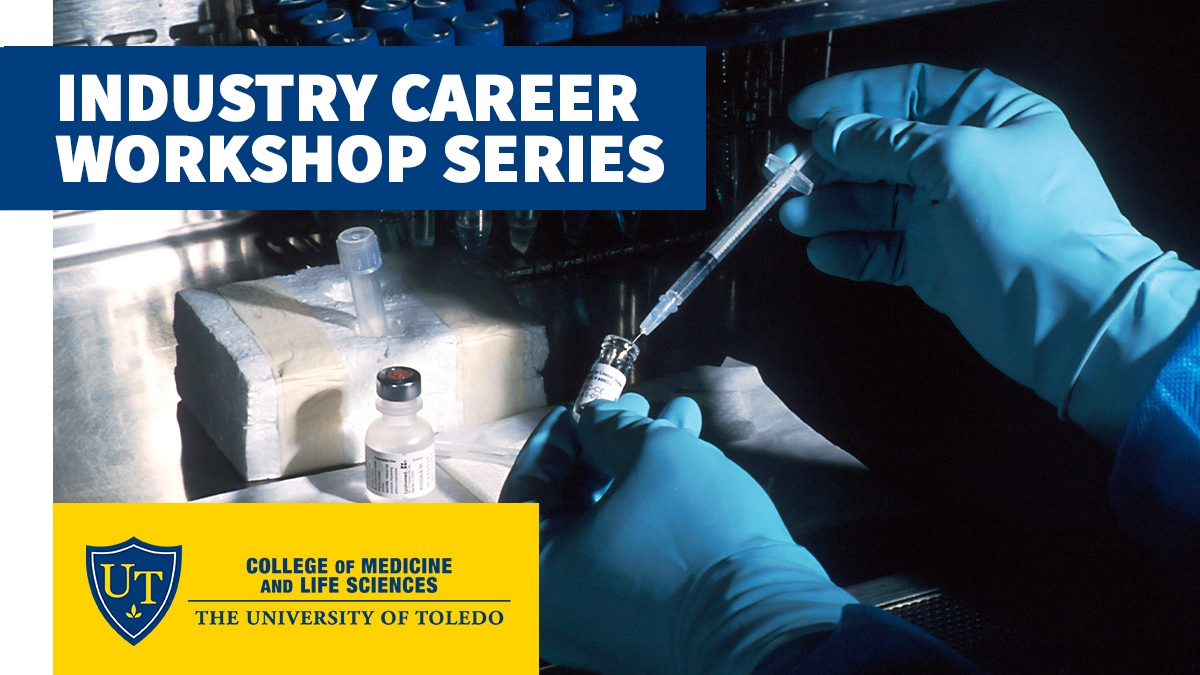 Artwork for the Industry Career Workshop Series featuring our college logo and a stock photo a person working in a lab with vaccines.